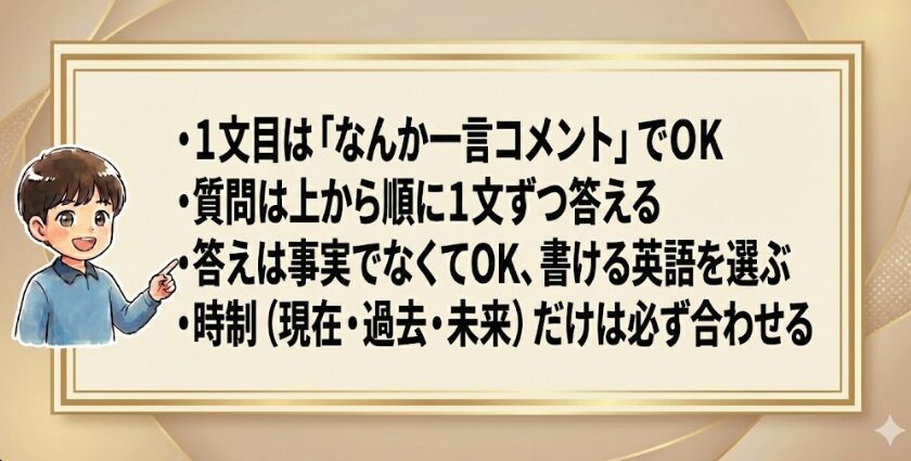 1文目は「なんか一言コメント」でOK 質問は上から順に1文ずつ答える
答えは事実でなくてOK、書ける英語を選ぶ
時制(現在・過去・未来)だけは必ず合わせる